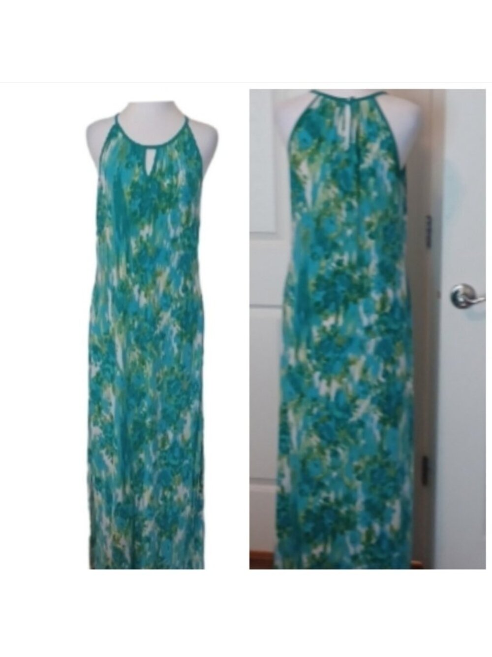 -- Green and White Sleeveless Maxi Dress With Slits On Both Sides Women's Medium - Picture 2 of 11